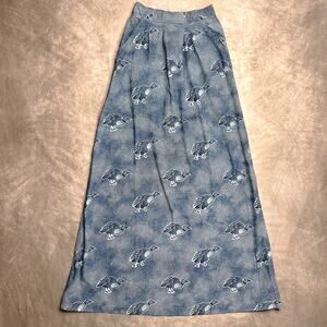 Vintage 70s Bird Print Maxi Skirt Blue A Line High Waist Polka Dot Pockets Boho